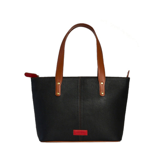Jeannette — Bolso tote de cuero con cremallera negro con tan