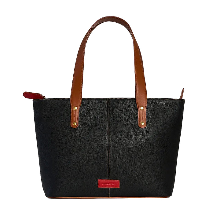 A black textured leather tote bag with brown leather handles and a small red brand plaque on the front, set against a plain white background.