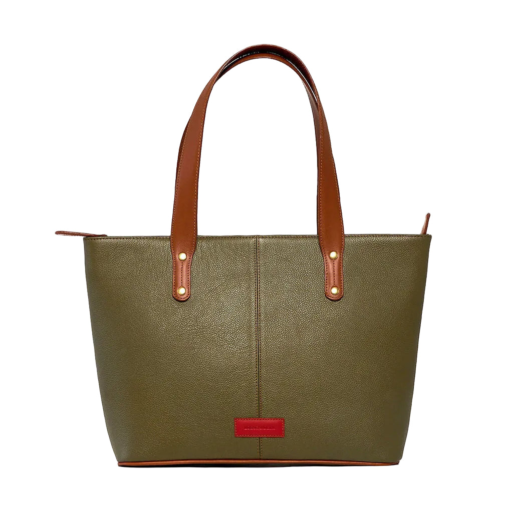 An olive green pebbled leather tote bag with brown leather handles and a small red brand plaque on the front, set against a plain white background.