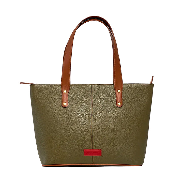 An olive green pebbled leather tote bag with brown leather handles and a small red brand plaque on the front, set against a plain white background.