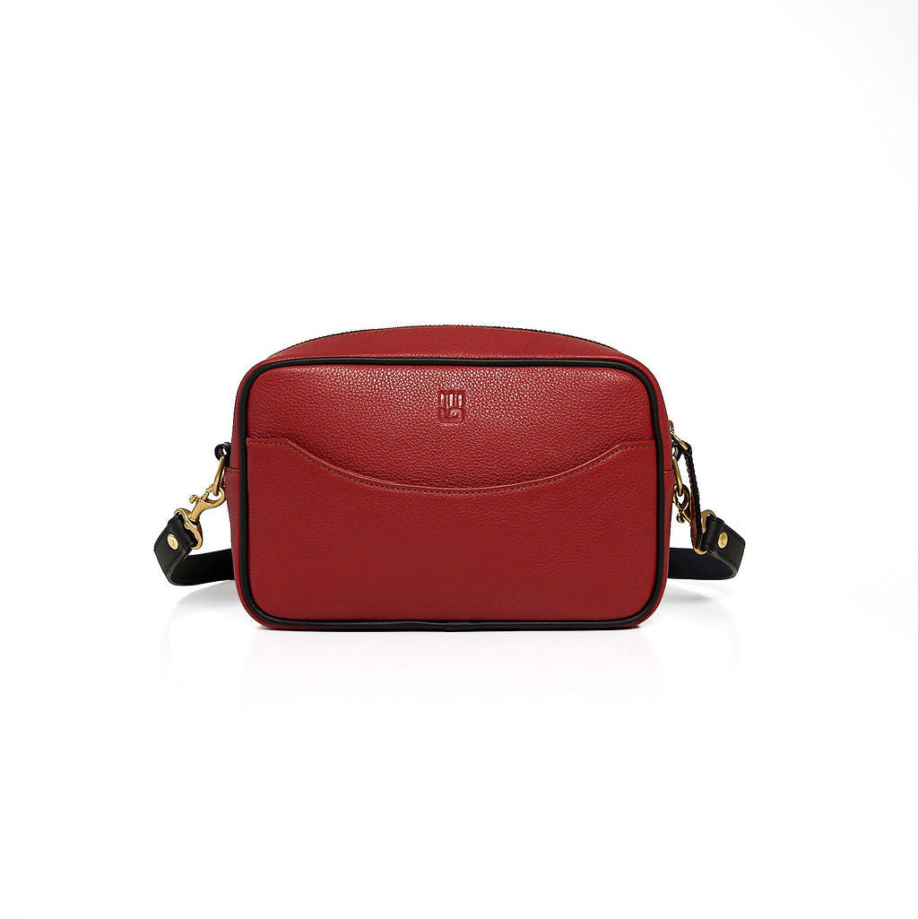Paola — Leather Crossbody Camera Bag red with black