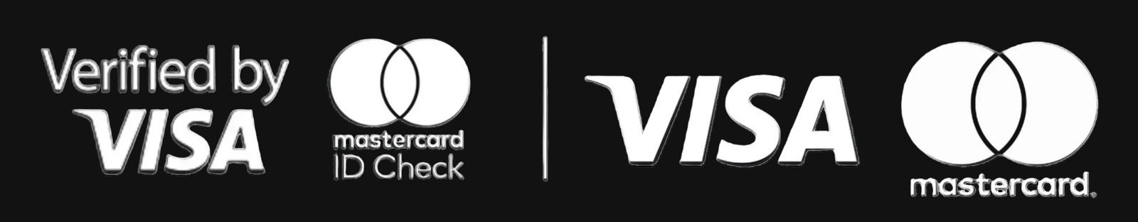 Black background with white Verified by VISA Mastercard ID Check and VISA Mastercard logos and text.