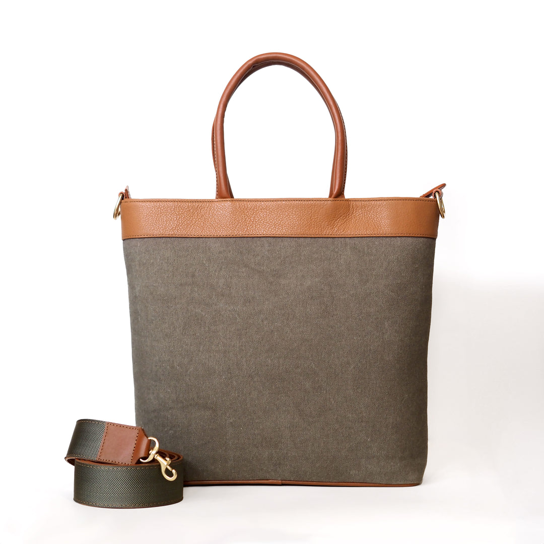 Uanny — Crossbody Tote Bag in Leather green canva with tan